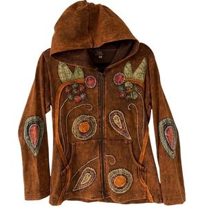 Rising International Brown Mineral Wash Patchwork Boho ZipUp Hoodie Women Medium